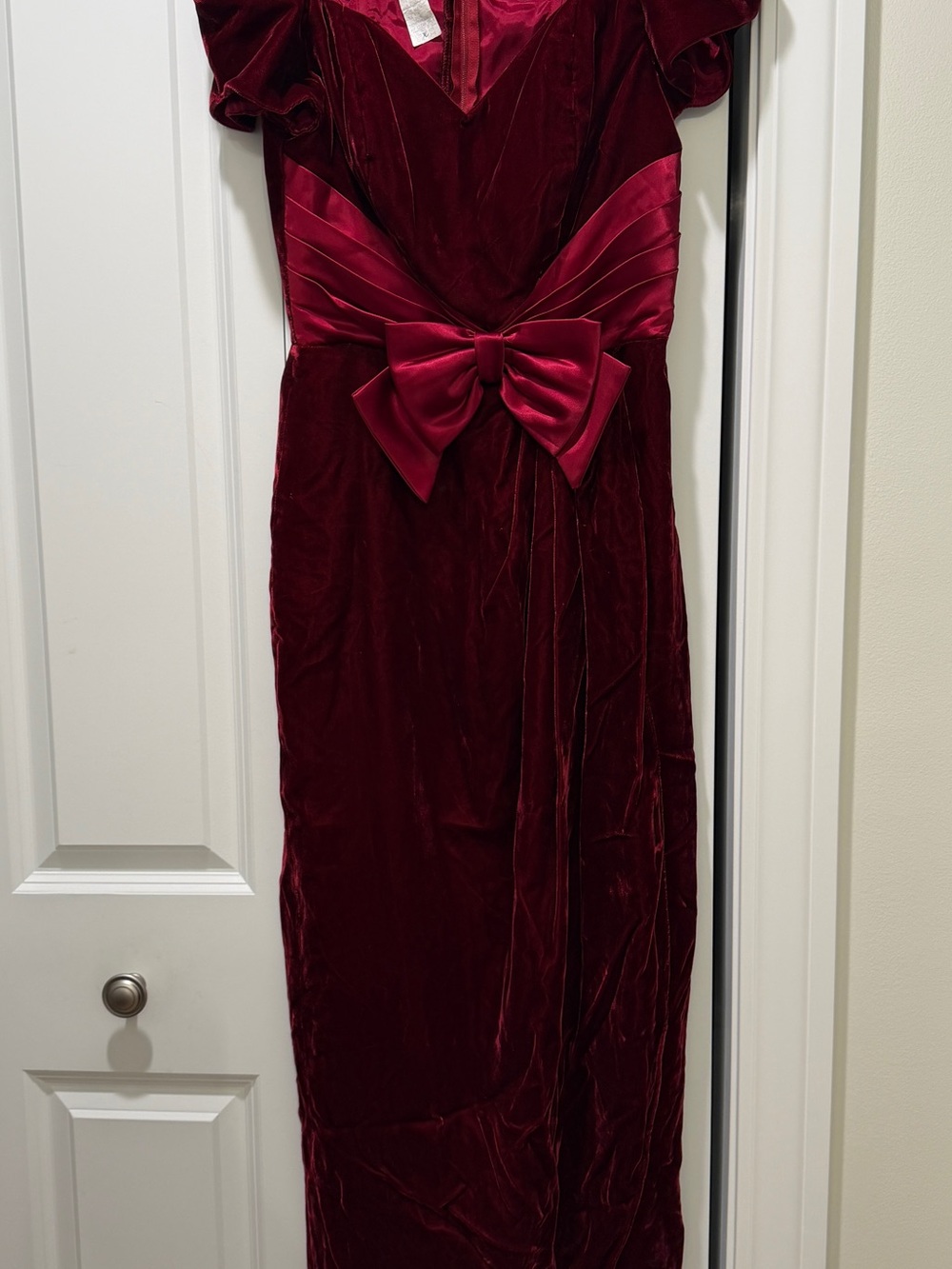 Red Velvet Bow-Accent Evening Dress